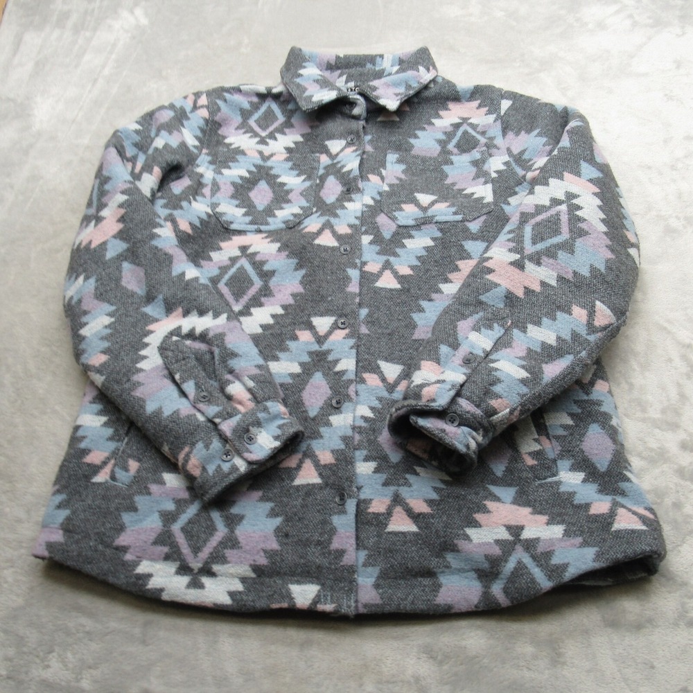 Stoic Aztec Jacket Women Medium Gray Soft Fleece Button Front Pockets Wool Blend